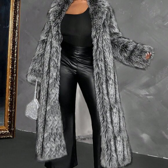 Black And White Preppy Women's Faux Fur Long Coat